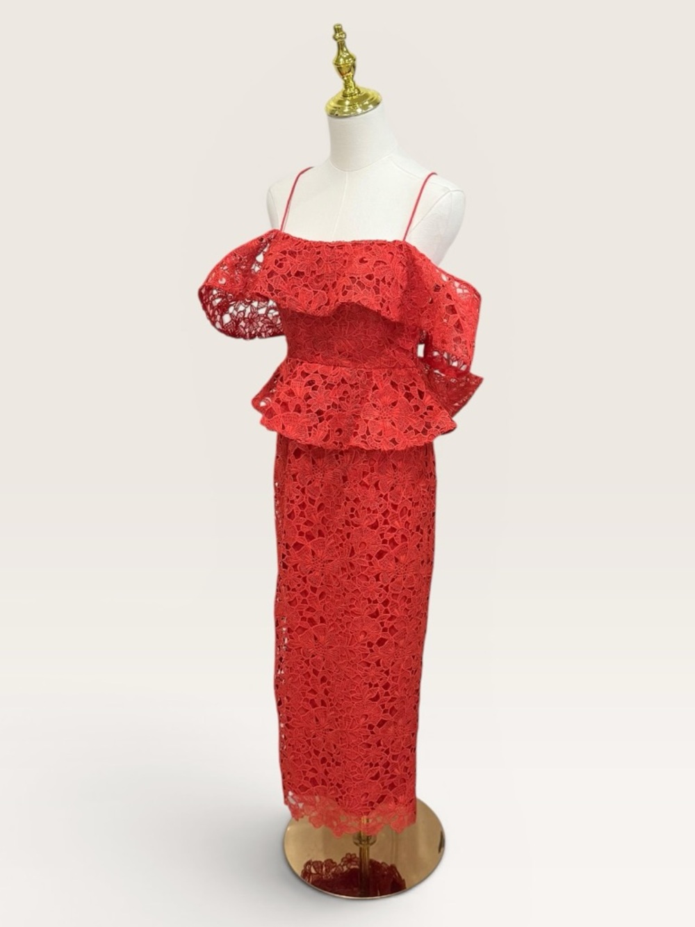 Muse by Marchesa Amaryllis Red Lace Peplum Midi Cocktail Dress Off Shoulder NWT - Picture 7 of 15